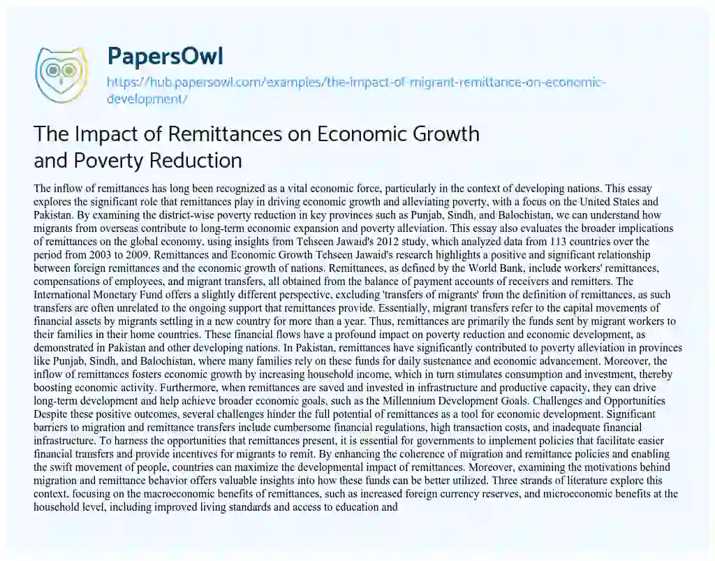 Essay on The Impact of Remittances on Economic Growth and Poverty Reduction