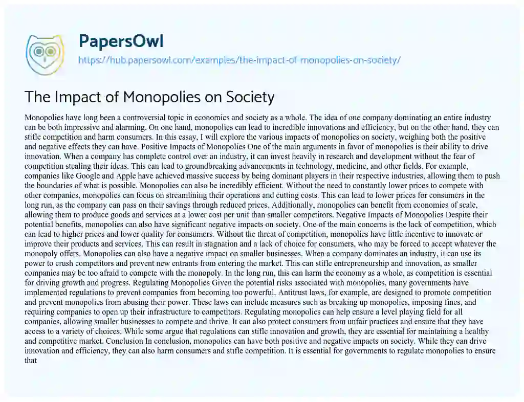 Essay on The Impact of Monopolies on Society