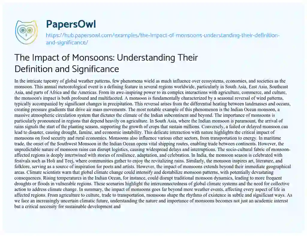 Essay on The Impact of Monsoons: Understanding Their Definition and Significance