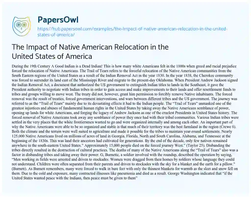 Essay on The Impact of Native American Relocation in the United States of America