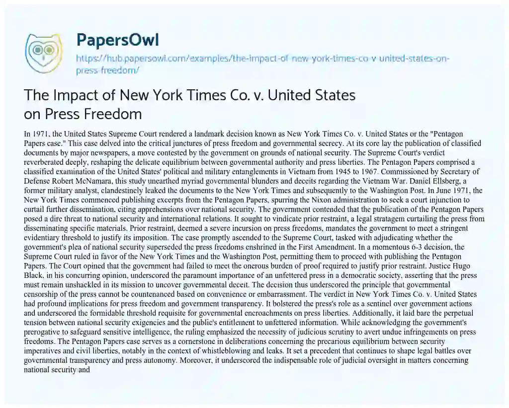 Essay on The Impact of New York Times Co. v. United States on Press Freedom