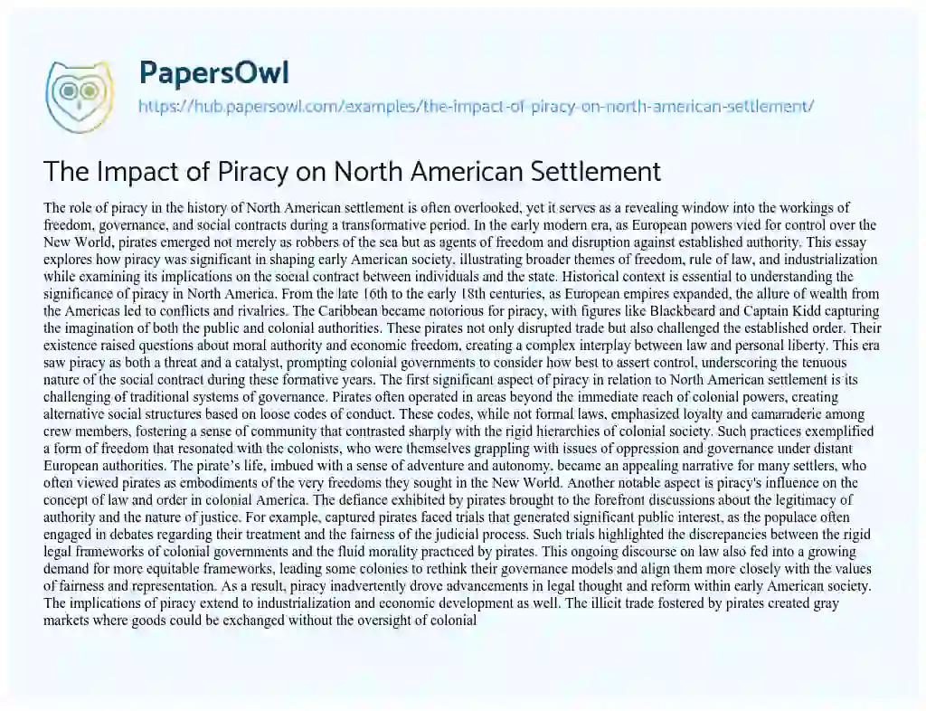 Essay on The Impact of Piracy on North American Settlement