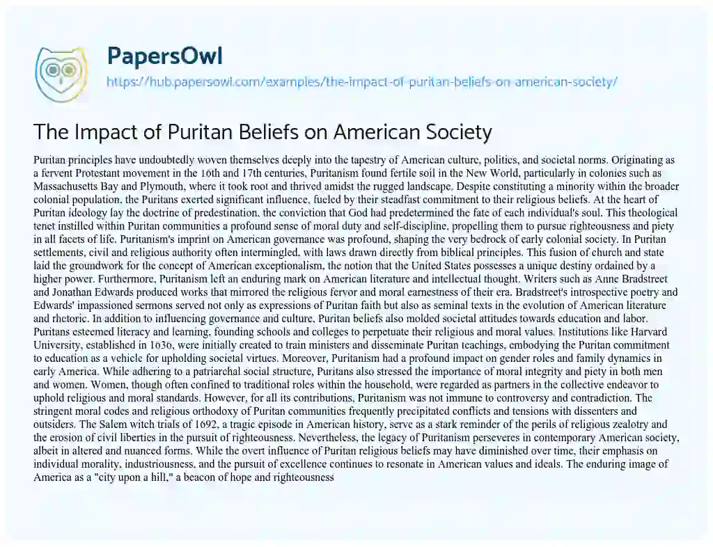 Essay on The Impact of Puritan Beliefs on American Society