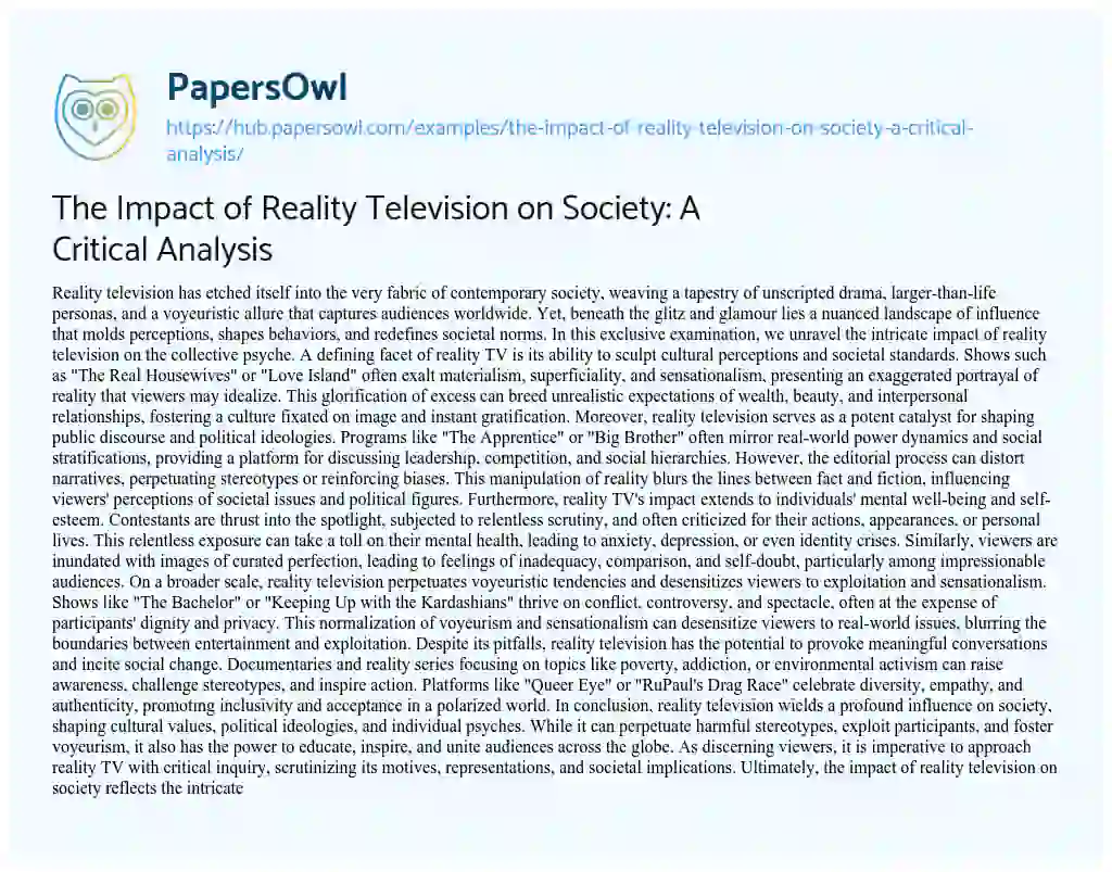 Essay on The Impact of Reality Television on Society: A Critical Analysis