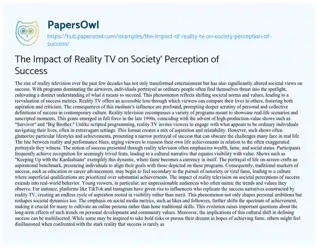 Essay on The Impact of Reality TV on Society’ Perception of Success