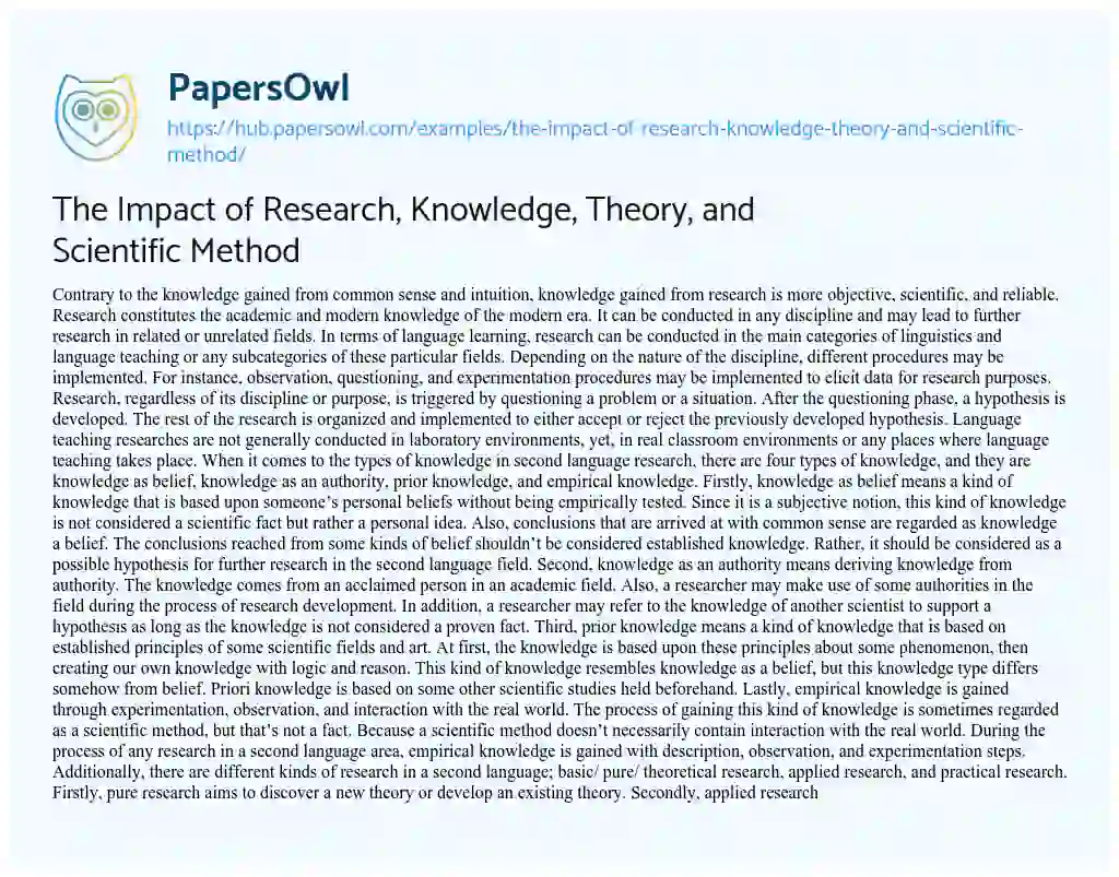 Essay on The Impact of Research, Knowledge, Theory, and Scientific Method