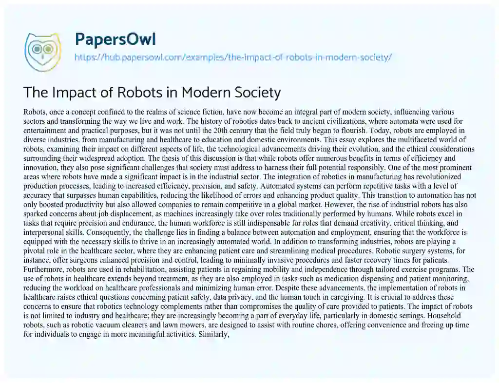Essay on The Impact of Robots in Modern Society