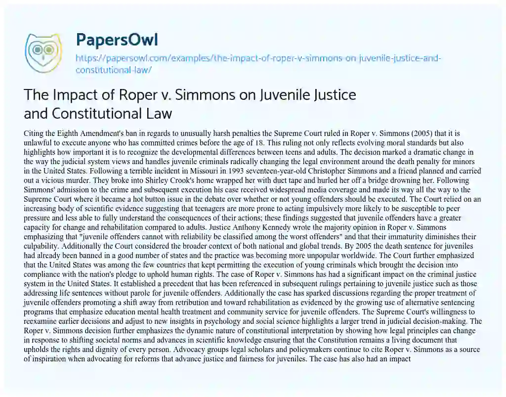 Essay on The Impact of Roper v. Simmons on Juvenile Justice and Constitutional Law