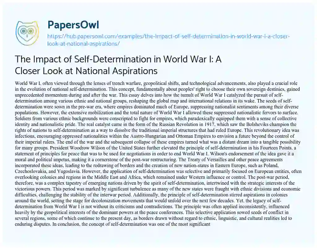 Essay on The Impact of Self-Determination in World War I: A Closer Look at National Aspirations
