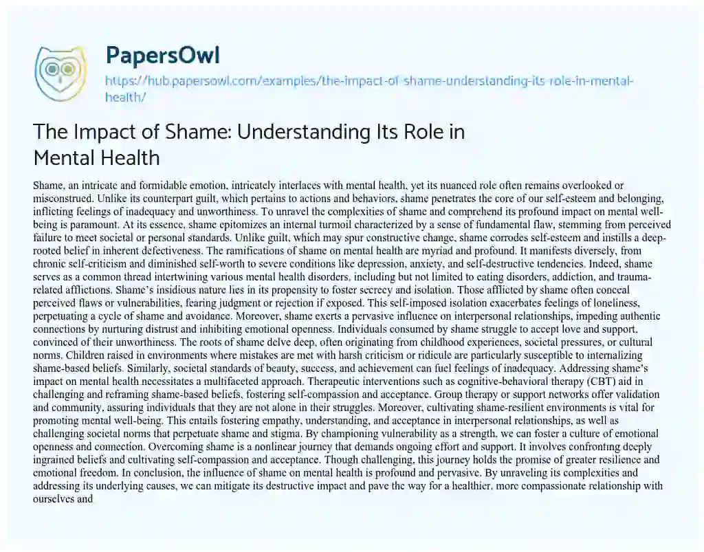 Essay on The Impact of Shame: Understanding Its Role in Mental Health