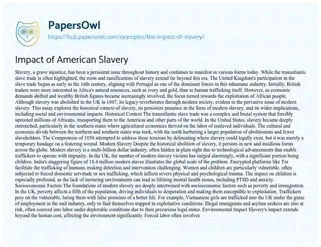 Essay on Impact of American Slavery