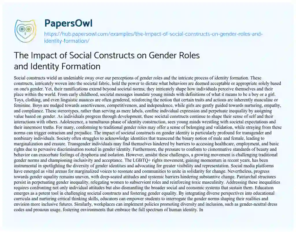 Essay on The Impact of Social Constructs on Gender Roles and Identity Formation