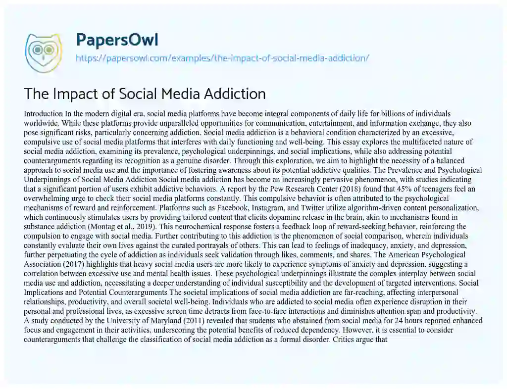 Essay on The Impact of Social Media Addiction