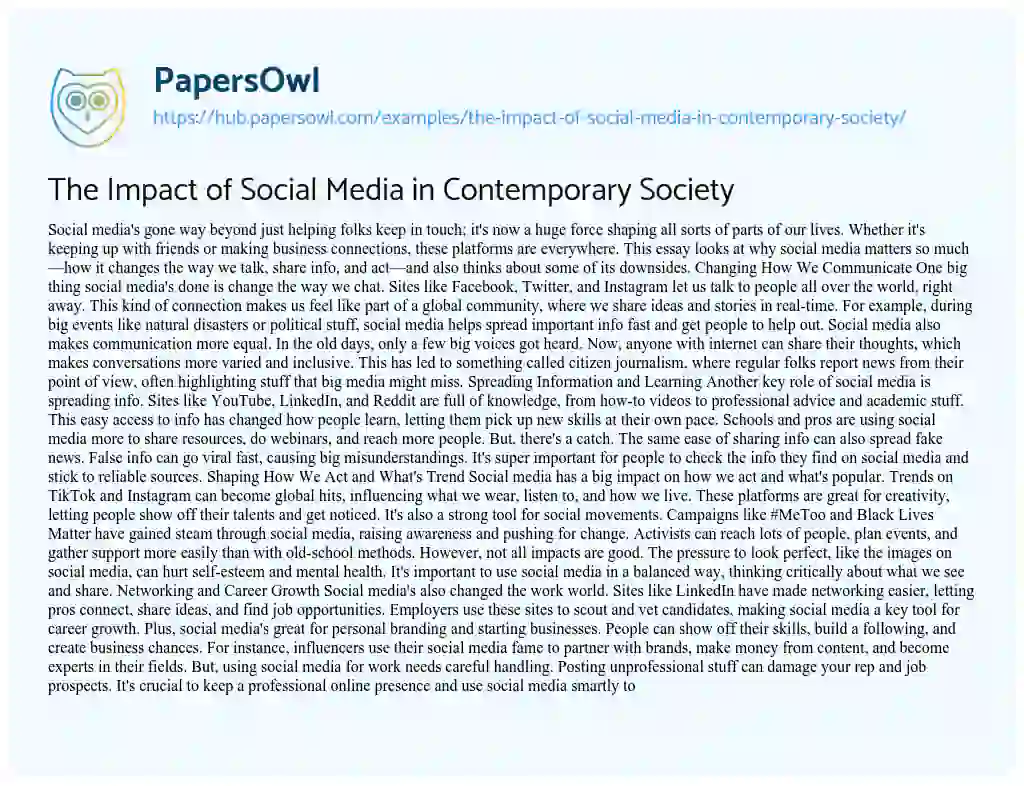 Essay on The Impact of Social Media in Contemporary Society