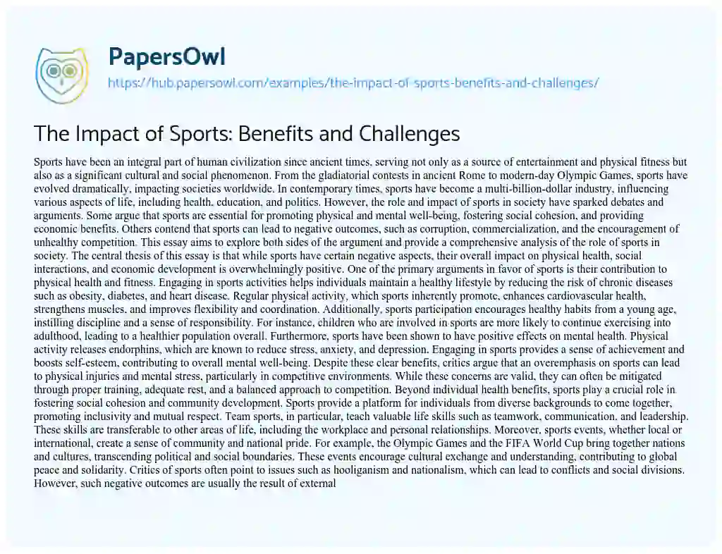 Essay on The Impact of Sports: Benefits and Challenges
