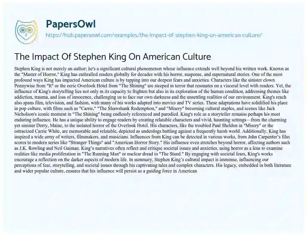 Essay on The Impact Of Stephen King On American Culture