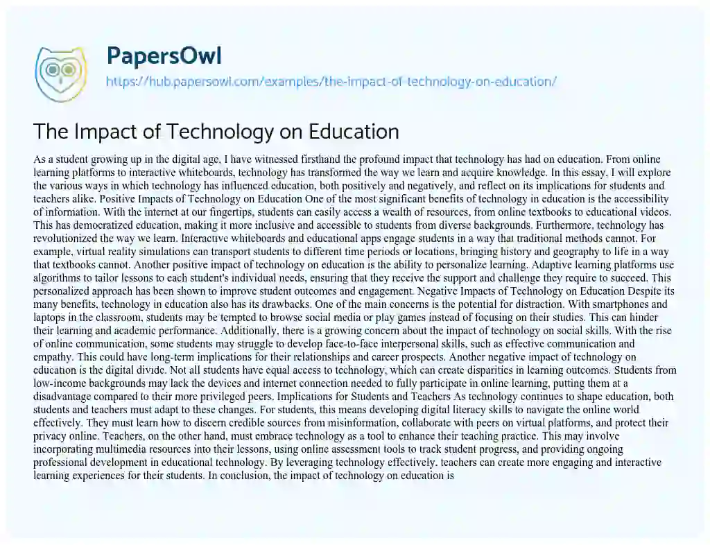Essay on The Impact of Technology on Education