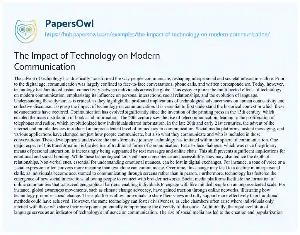 Essay on The Impact of Technology on Modern Communication