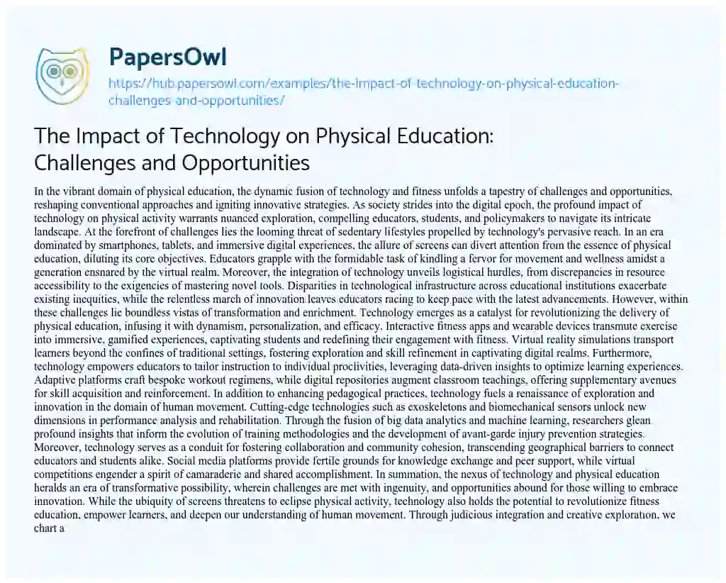 Essay on The Impact of Technology on Physical Education: Challenges and Opportunities