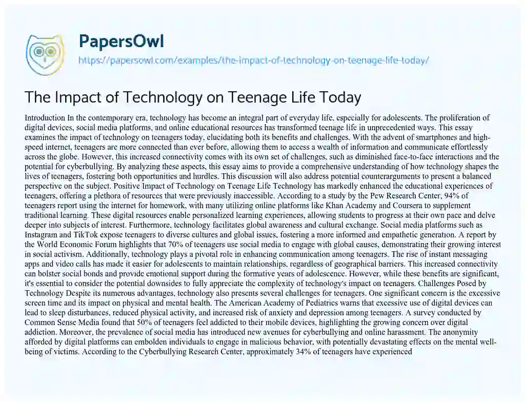 Essay on The Impact of Technology on Teenage Life Today