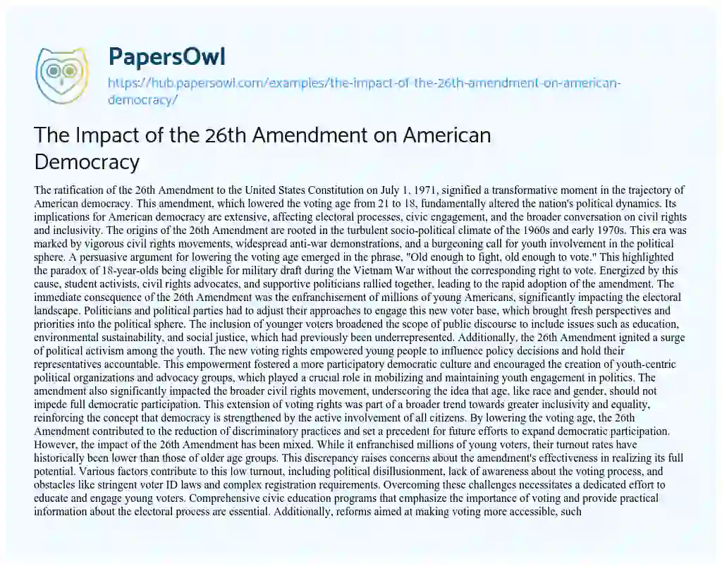Essay on The Impact of the 26th Amendment on American Democracy