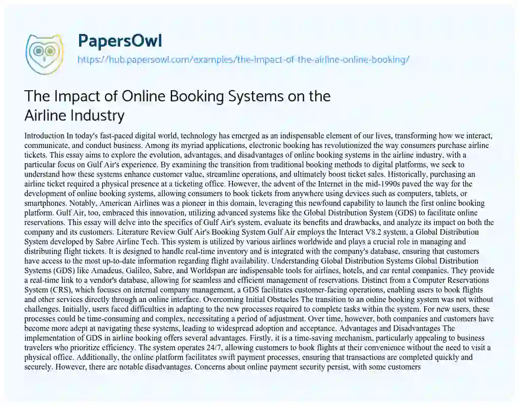 Essay on The Impact of Online Booking Systems on the Airline Industry