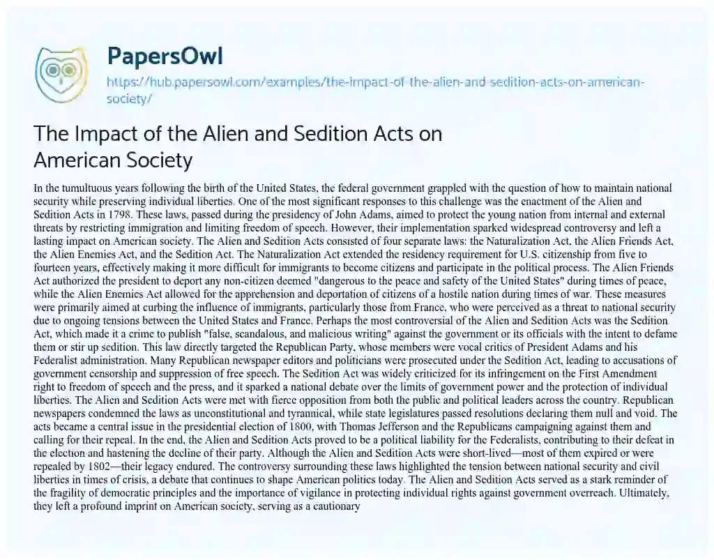 Essay on The Impact of the Alien and Sedition Acts on American Society