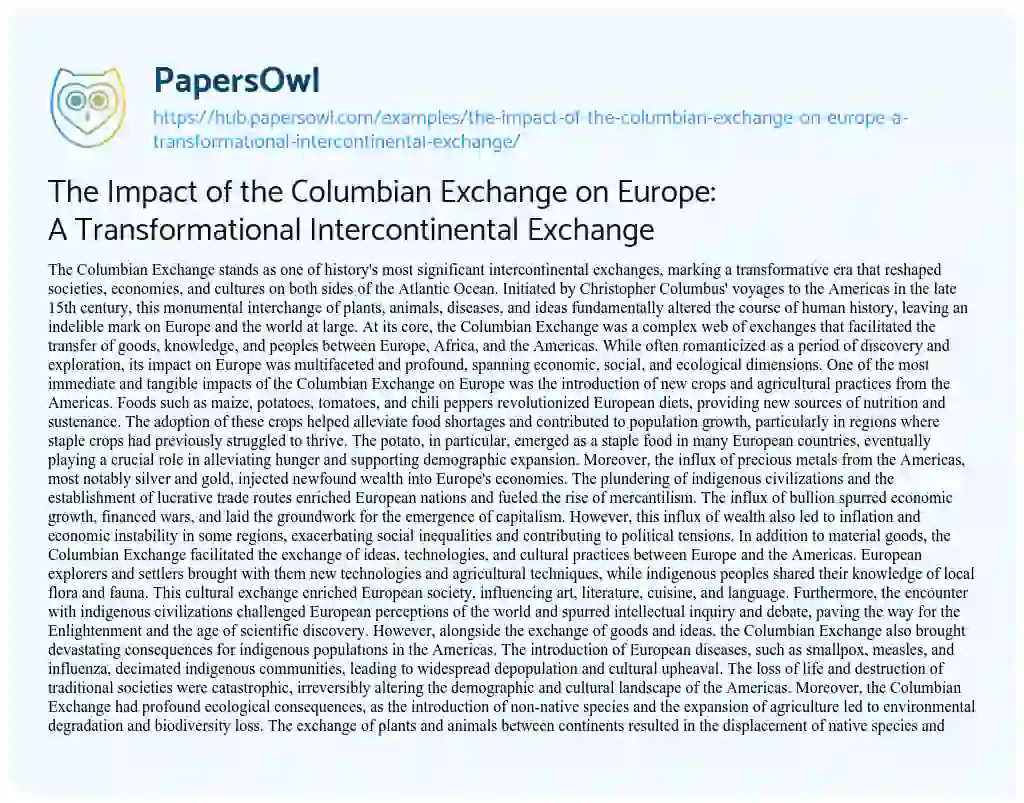 Essay on The Impact of the Columbian Exchange on Europe: A Transformational Intercontinental Exchange