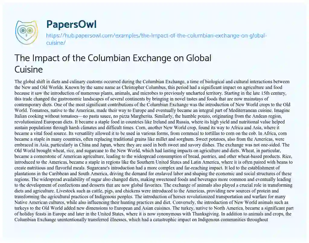 Essay on The Impact of the Columbian Exchange on Global Cuisine