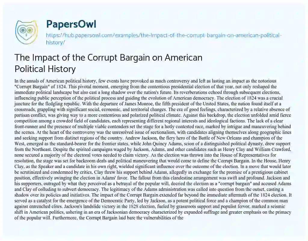 Essay on The Impact of the Corrupt Bargain on American Political History