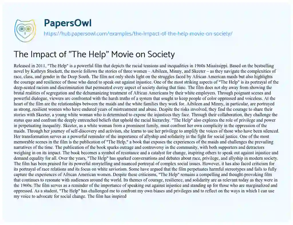Essay on The Impact of “The Help” Movie on Society