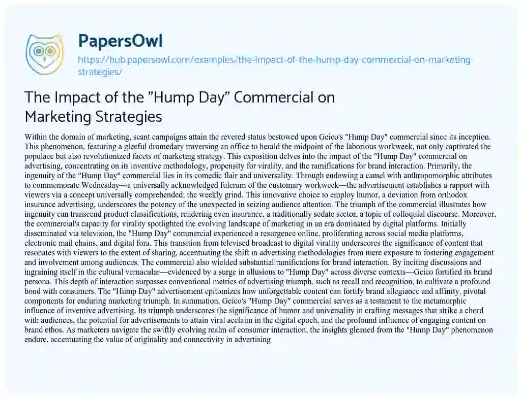 Essay on The Impact of the “Hump Day” Commercial on Marketing Strategies