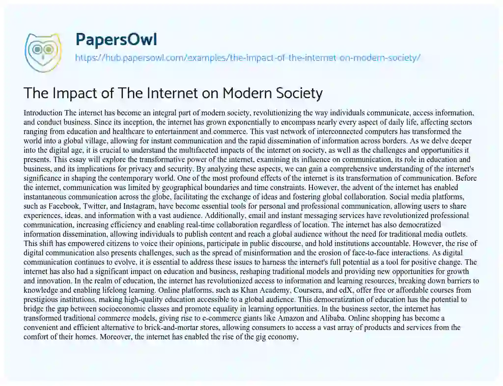 Essay on The Impact of The Internet on Modern Society