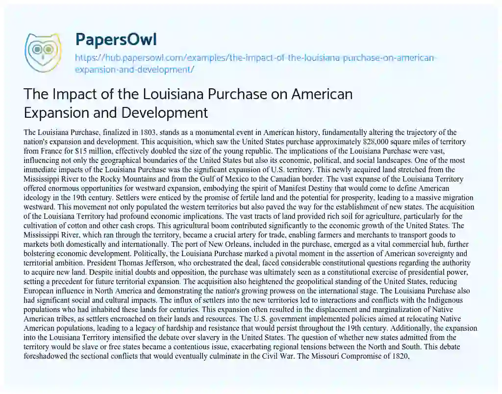 Essay on The Impact of the Louisiana Purchase on American Expansion and Development