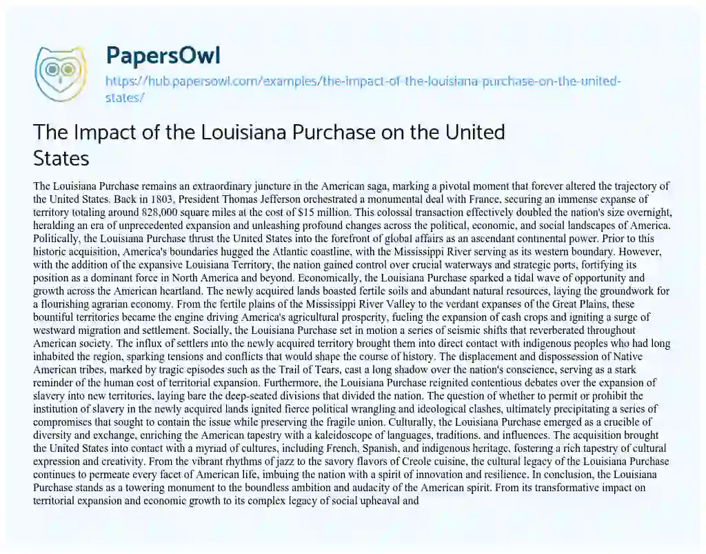Essay on The Impact of the Louisiana Purchase on the United States