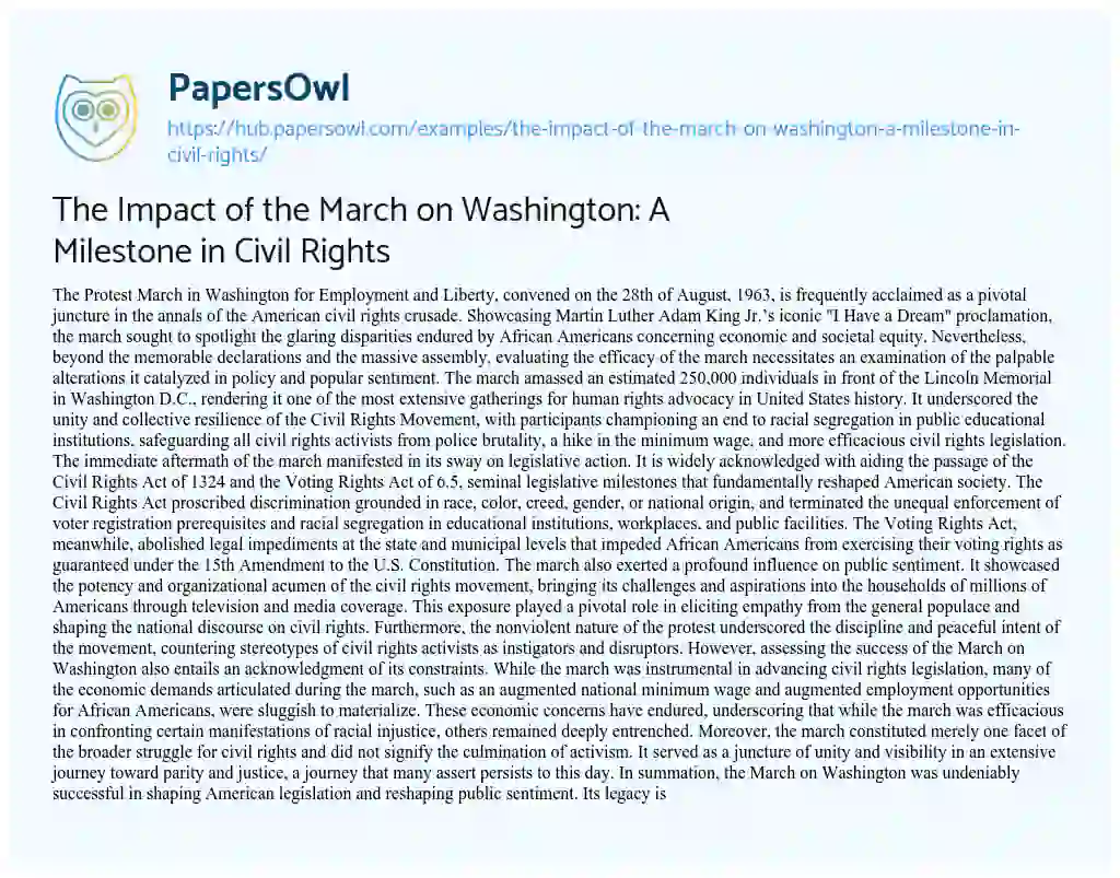 Essay on The Impact of the March on Washington: A Milestone in Civil Rights