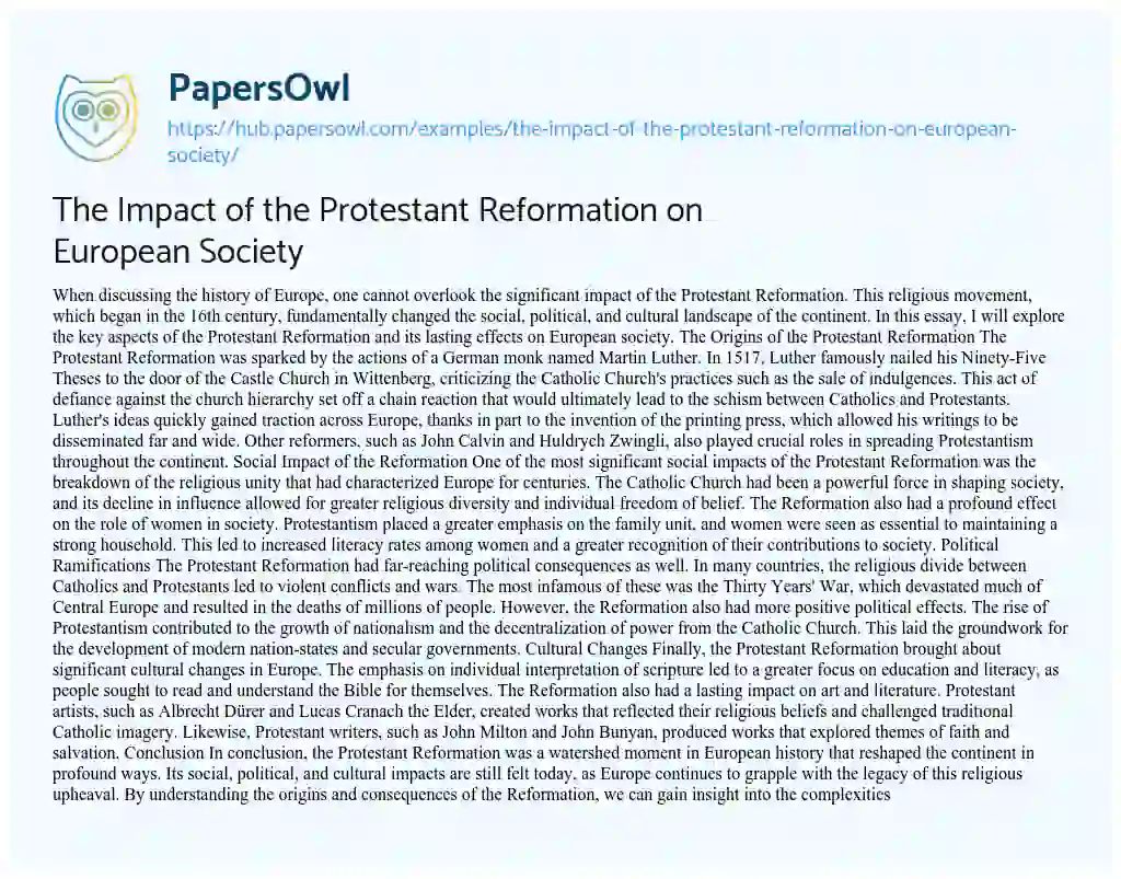Essay on The Impact of the Protestant Reformation on European Society
