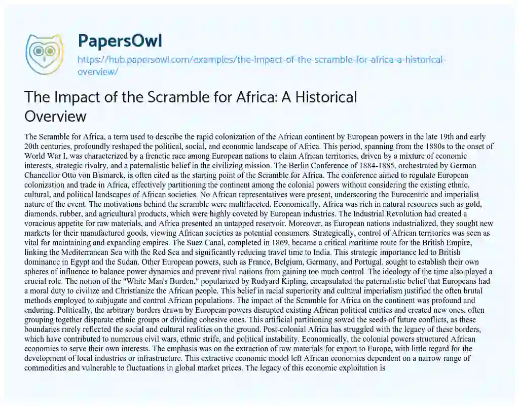 Essay on The Impact of the Scramble for Africa: A Historical Overview
