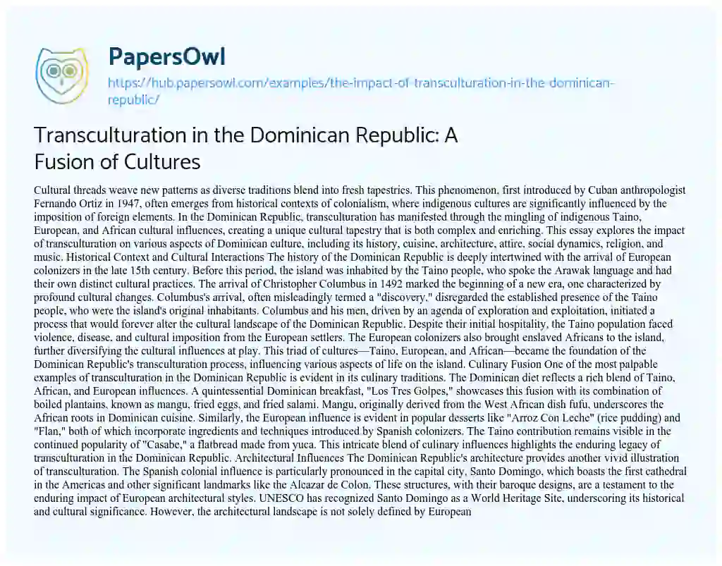 Essay on Transculturation in the Dominican Republic: A Fusion of Cultures