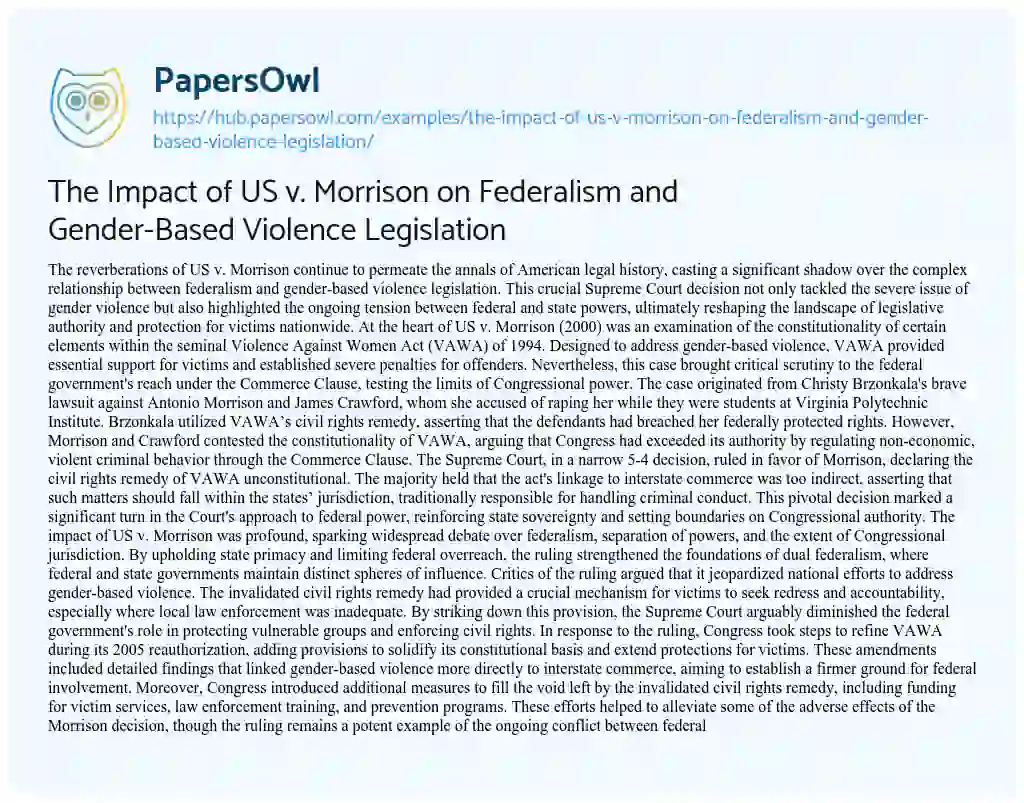 Essay on The Impact of US v. Morrison on Federalism and Gender-Based Violence Legislation