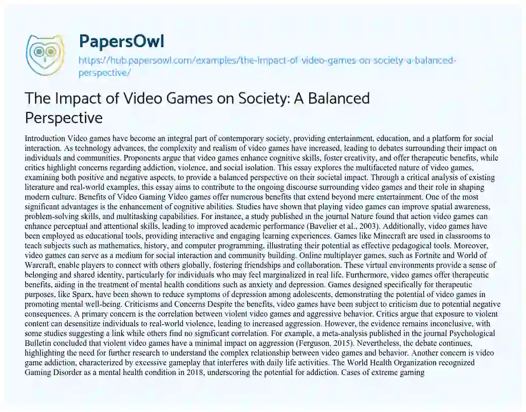 Essay on The Impact of Video Games on Society: A Balanced Perspective