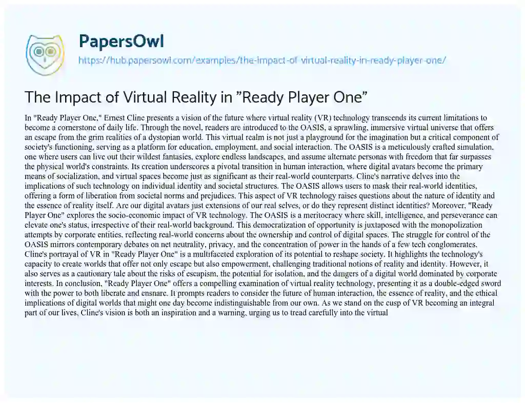 Essay on The Impact of Virtual Reality in “Ready Player One”