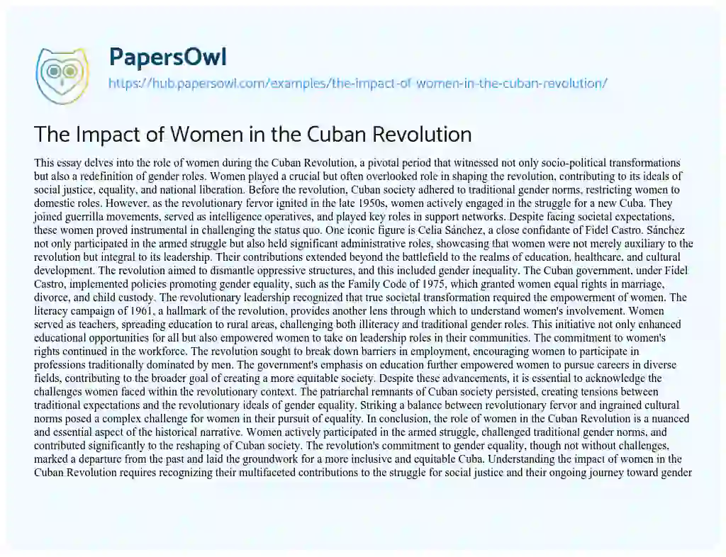 Essay on The Impact of Women in the Cuban Revolution