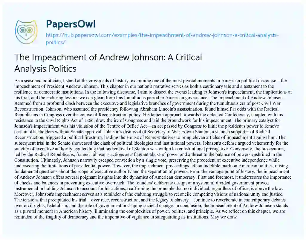Essay on The Impeachment of Andrew Johnson: A Critical Analysis Politics