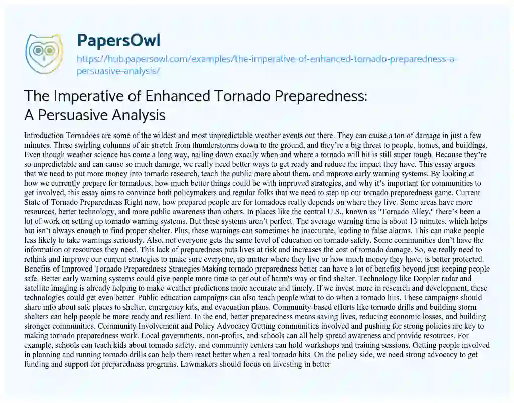 Essay on The Imperative of Enhanced Tornado Preparedness: A Persuasive Analysis