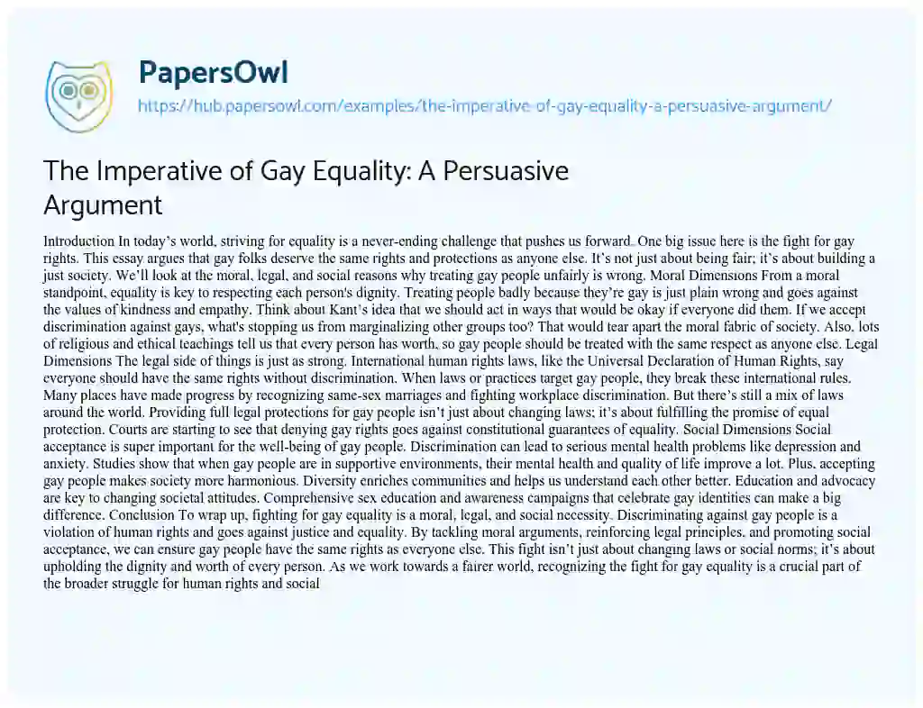 Essay on The Imperative of Gay Equality: A Persuasive Argument