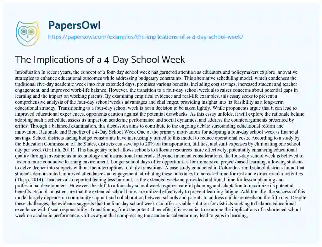 Essay on The Implications of a 4-Day School Week