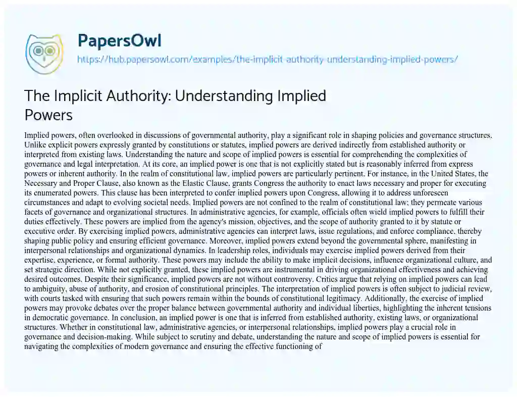 Essay on The Implicit Authority: Understanding Implied Powers