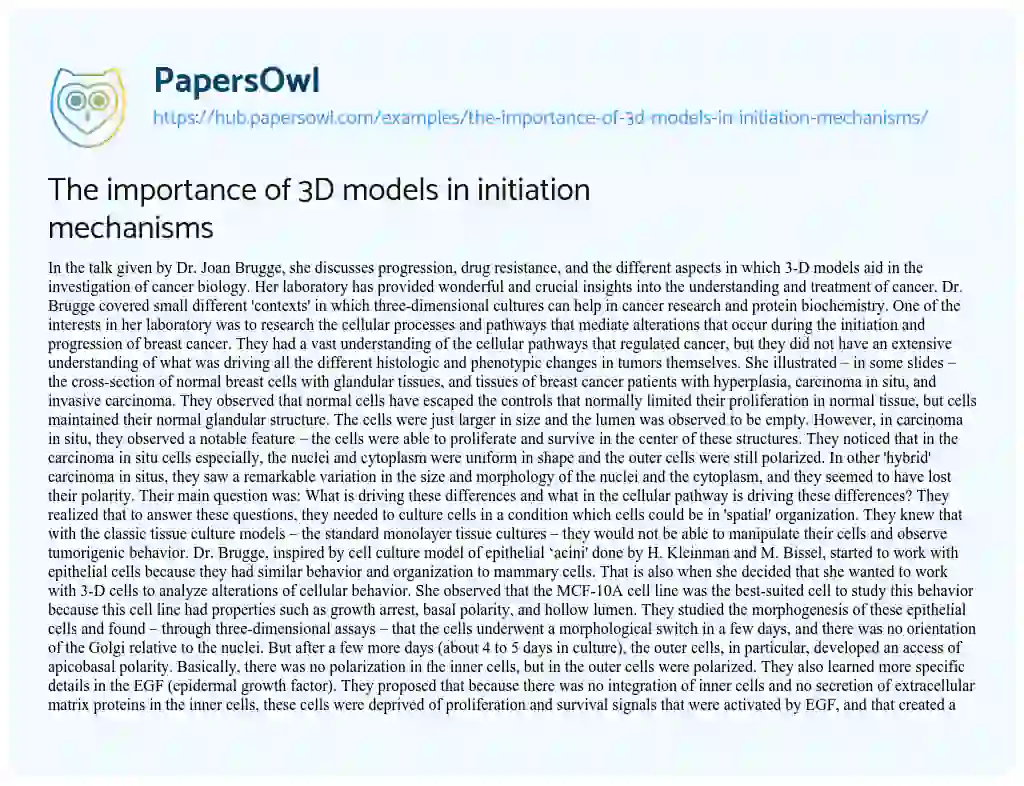 Essay on The importance of 3D models in initiation mechanisms