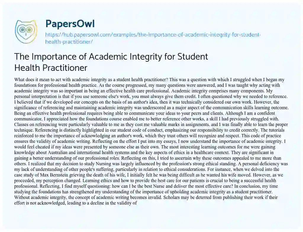 Essay on The Importance of Academic Integrity for Student Health Practitioner